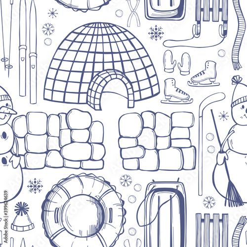 Snow fortress and snowmen. Vector  pattern.
