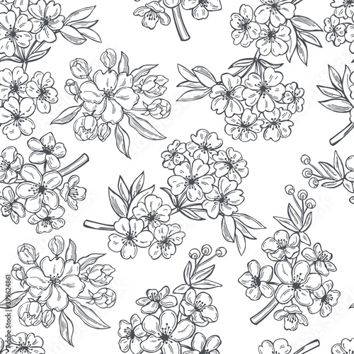 Spring branches with flowers. Vector pattern.