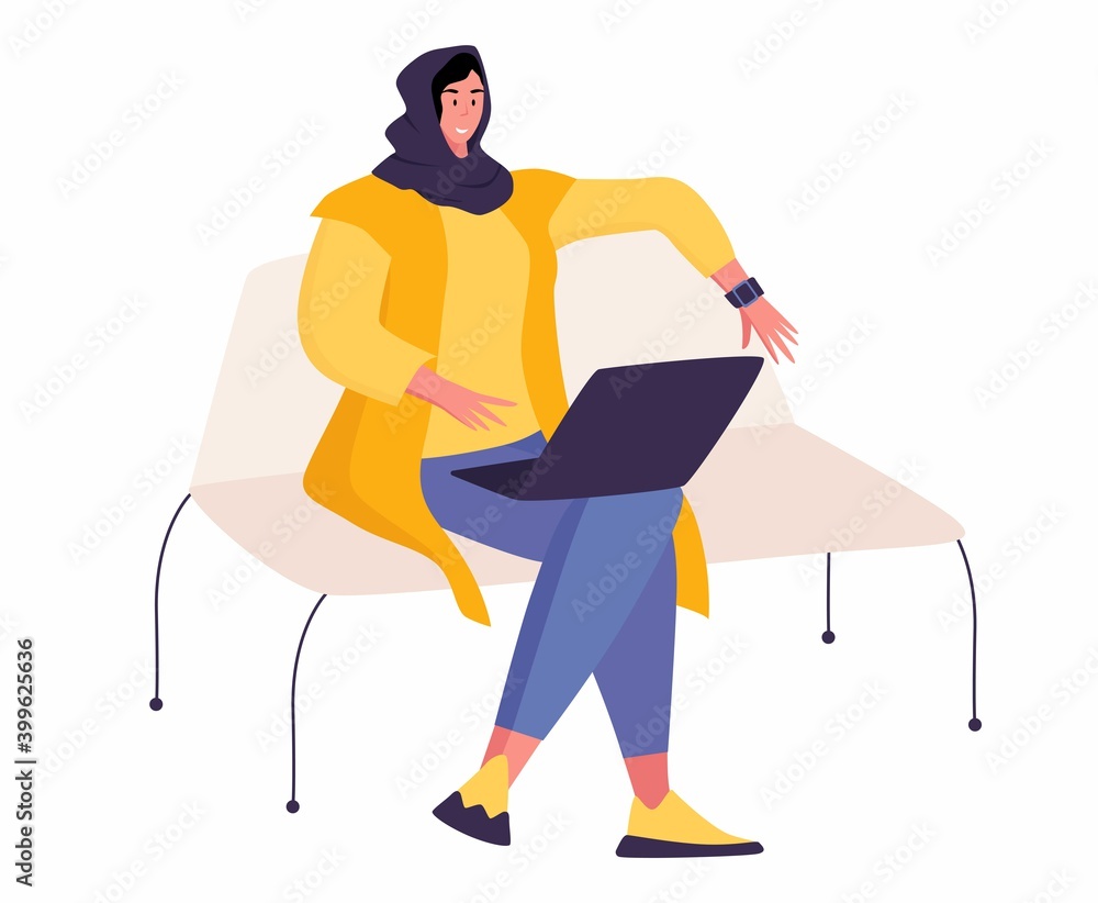 Fototapeta premium Modern young Muslim woman wearing trendy clothes and hijab. Fashionable Arab girls. Female character isolated on white background.