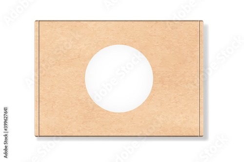 Cardboard package box with round blank label isolated on white background. Realistic craft brown carton delivery box mockup. Vector illustration top view of packaging container for cosmetic or food