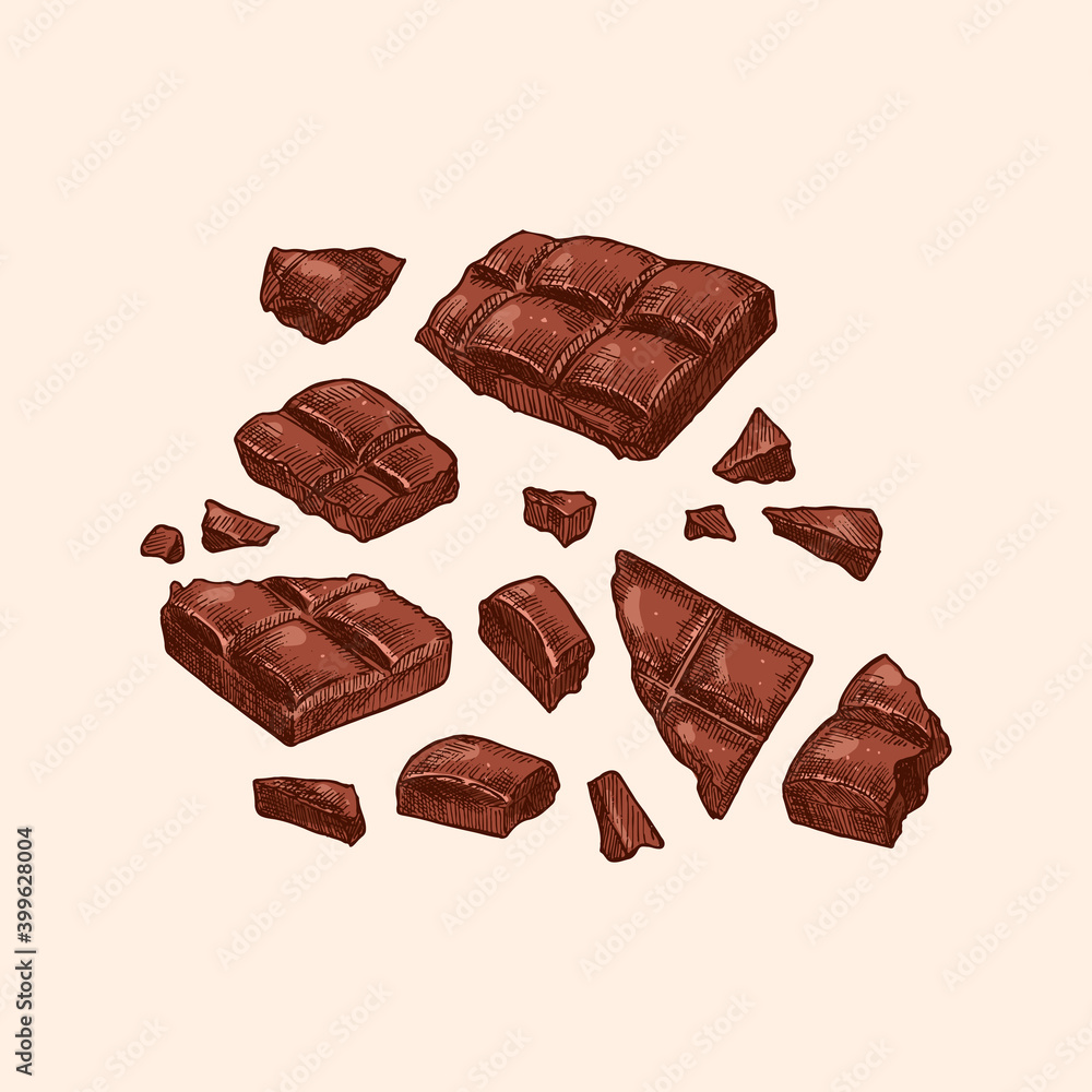 Colored chocolate bar explosion. Engraved sketch style. Vector illustration. 