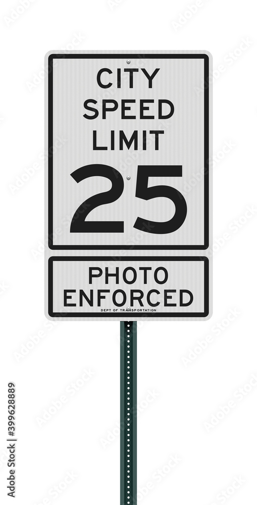 Vector illustration of the City Speed Limit 25 Photo Enforced white road sign on green post Vector illustration of the City Speed Limit 25 Photo Enforced white road sign on green post