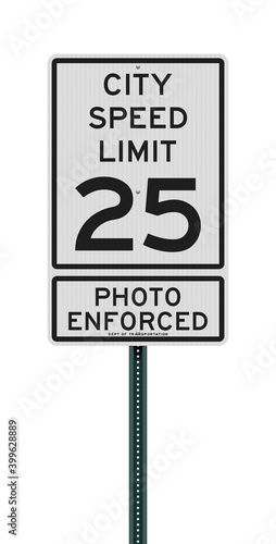 Vector illustration of the City Speed Limit 25 Photo Enforced white road sign on green post