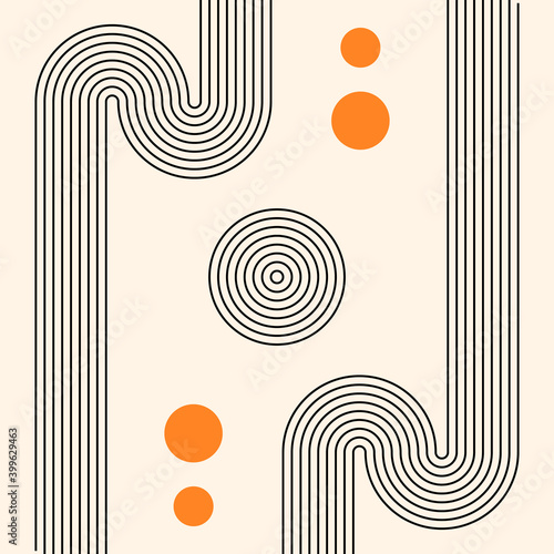 Abstract boho poster. Mid century art print. Vector illustration. Composition with geometric shapes.