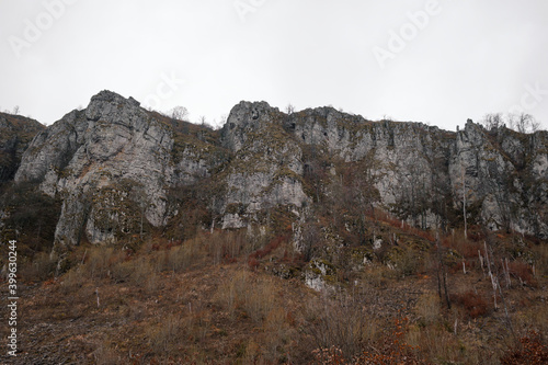 Impressive rocky cliff covered by colorful moss and autumn colored plants in front and at the top