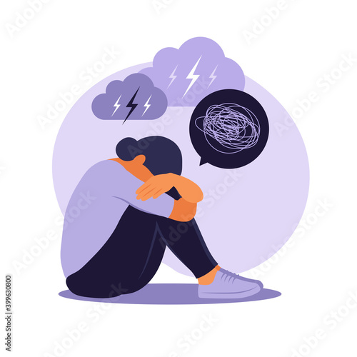 Woman in depression with bewildered thoughts in her mind. Young sad girl sitting in window and hugging her knees. Flat style