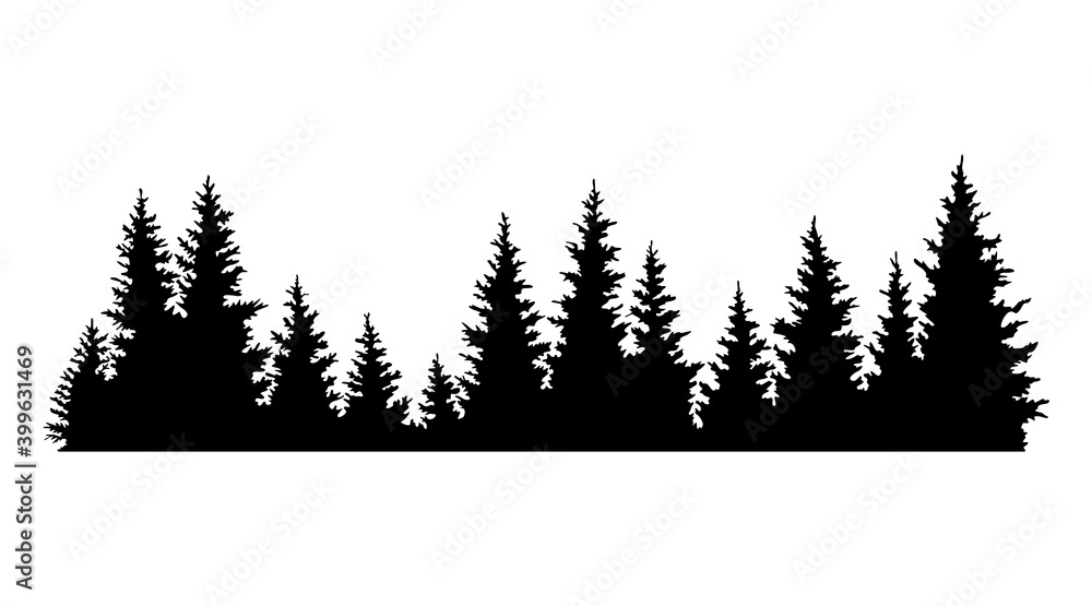 Fototapeta premium Fir trees silhouettes. Coniferous spruce horizontal background pattern, black evergreen woods vector illustration. Beautiful hand drawn panorama of a coniferous forest