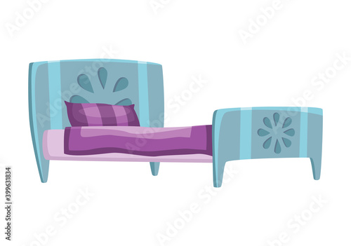 Bed cartoon. Vector illustration of color bed with pillow and cover. Icon of furniture