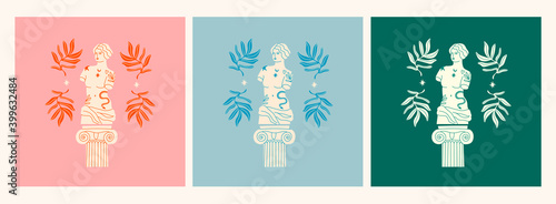 Marble Statues of Venus, column, branches. Greek ancient statue with modern Tattoos. T-shirt print design template. Set of three Hand drawn trendy Vector illustrations. Isolated on white