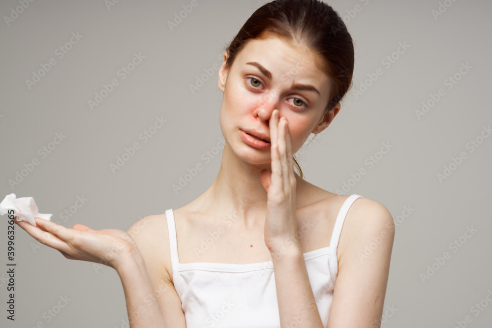 sick woman handkerchief runny nose infection feeling unwell sick woman handkerchief runny nose infection feeling unwell