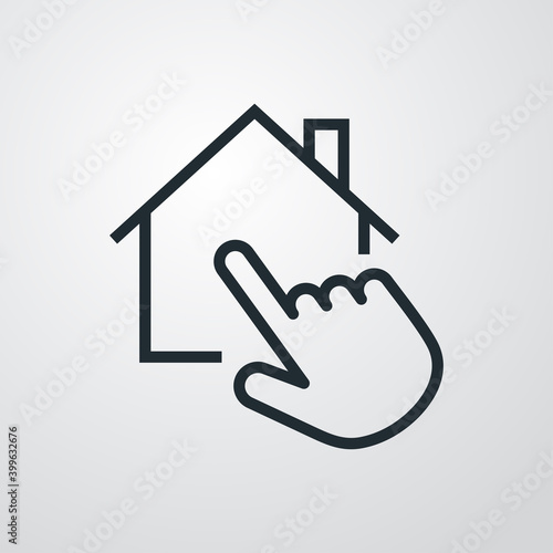 Símbolo domótica. Logotipo con contorno de casa con mano como puntero táctil de ordenador con lineas en fondo gris