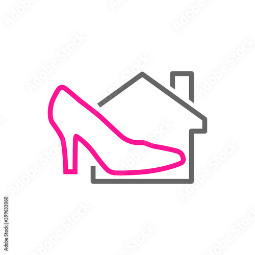 Tienda de zapatos. Logotipo con zapato de mujer de tacón alto en casa con lineas en rosa y gris