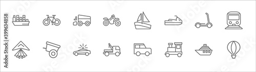 outline set of transportation line icons. linear vector icons such as bicycle, zamboni, pt boat, scooter, underground, hang glider, oxcart, patrol car, wrecker, train, hot air balloon