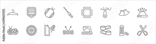 outline set of sew line icons. linear vector icons such as pocket, yarn, leather, grommet, pin holder, yarn ball, rotary, sew pattern, zipper, measuring tape, pinking shears