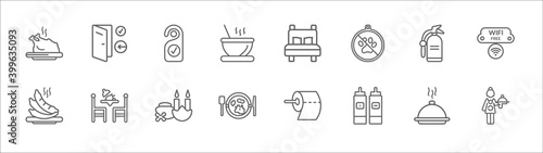 outline set of restaurant line icons. linear vector icons such as check in, door hanger, single bed, fire extinguisher, free wifi, sausage, dinner, spa, breakfast, sauces, waitress