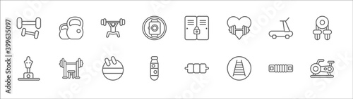 outline set of gymandfitness line icons. linear vector icons such as kettlebells, weightlifting, locker, running machine, hand grip, boxing mannequin, bench press, fitness ball, water bottle,