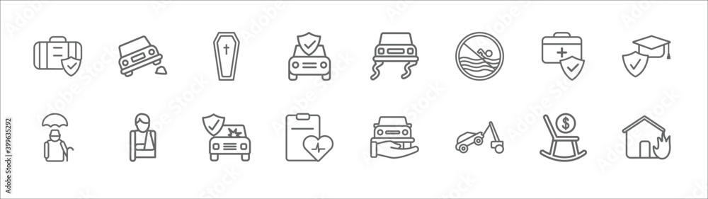 Obraz premium outline set of insurance line icons. linear vector icons such as stone on the road, coffin, slippery road, medical insurance, education insurance, elderly, broken arm, frontal crash, wellness, towed