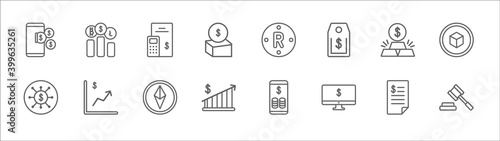 outline set of economyandfinance line icons. linear vector icons such as stocks, budget accounting, rupee, gold, cryptocurrency, node, crypto invest, altcoin, budget diagram, online banking, auction