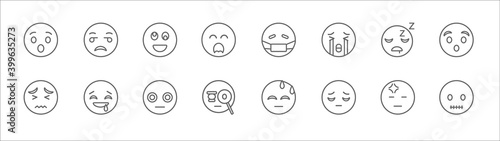 outline set of emoji line icons. linear vector icons such as suspect emoji, weird emoji, ill sleeping shocked stress drool dizzy suspicious dissapointment quiet