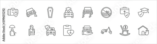 outline set of insurance line icons. linear vector icons such as stone on the road, coffin, slippery road, medical insurance, education insurance, elderly, broken arm, frontal crash, wellness, towed