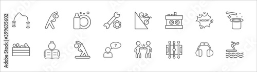 outline set of activity and hobbies line icons. linear vector icons such as exercising, dish washing, downhill, comic, magician, ball pit, read, warming up, questioning, foosball, jumping to the