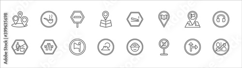 outline set of maps and flags line icons. linear vector icons such as no smoking pipe, speed breaker, smoking place, maps and flags, ear protection, no littering, flyover bridge, flag, mount fuji,