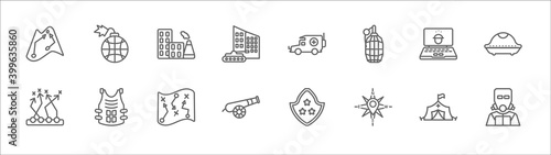 outline set of army line icons. linear vector icons such as bombs, industrial building, ambulance, robber, ovni military transport, group union military strategy, bulletproof vest, militar strategy,