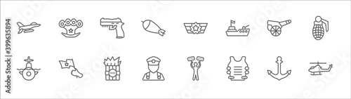 outline set of army line icons. linear vector icons such as knuckle, pistol, in, canon, granade, submarine front view, patriot, bomb detonation, general, bulletproof, helicopter