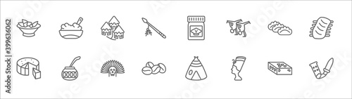 outline set of culture line icons. linear vector icons such as corn with pine, indian village, vegemite, dumplings, pork ribs, goat cheese, kalabas, native american skull, coffee grains, nefertiti,