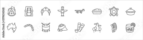 outline set of culture line icons. linear vector icons such as egg roll, kokoshnik, calumet, surfing a sea turtle, meat pie, australian continent, australian boomerang, native american drum, coffee