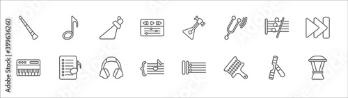 outline set of music line icons. linear vector icons such as eighth note, music spotlight, balalaika, thirty second note rest, skip, music keyboard, playlist, player headphones, brace, cabasa,
