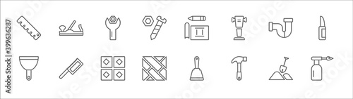 outline set of construction line icons. linear vector icons such as jack plane, wrench and nut, drawing, plumbing pipes, retractable trimming knife, putty knife, hand saw, tiles, parquet, brick