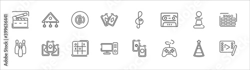 outline set of entertainment and arcade line icons. linear vector icons such as childhood, eight ball, g clef, chess piece, bingo, bowling pins, ace of clubs, tic tac toe, pc, gamepad, video editing