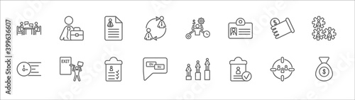 outline set of human resources line icons. linear vector icons such as career, curriculum vitae, multitask, earnings, work team, urgent, exit interview, skills, language, approved, salary