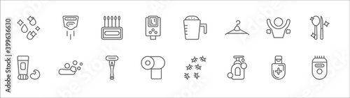 outline set of hygiene line icons. linear vector icons such as hand dryer, ear buds, detergent dose, body odour, food hygiene, shaving gel, ablution, shaving razor, tissues, gel, epilator
