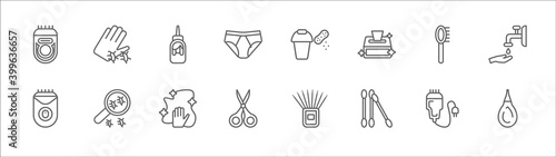 outline set of hygiene line icons. linear vector icons such as pathogen  hair tonic  sanitary  primp  scrub up  depilator  parasite  dust cleaning  nail scissors  cotton swabs  nasal aspirator