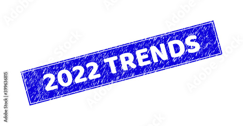 Grunge 2022 TRENDS rectangle stamp seal. 2022 TRENDS stencil label is located inside rectangle with frame. Rectangular seal with grunge texture in blue color.