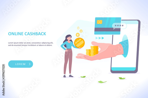 Online cashback concept. A hand holding coin stack comes out of smartphone screen, customer making payment with credit or debit card and earns cash back money, vector illustration