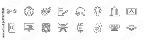 outline set of general line icons. linear vector icons such as impeachment, inflate tire, cloud service, business performance, information architecture, ar app, information technology, data science,