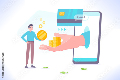 Online cashback concept. A hand holding coin stack comes out of smartphone screen, customer making payment with credit or debit card and earns cash back money, vector illustration