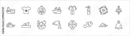 outline set of nautical line icons. linear vector icons such as shirt, barometer, bait, ship engine propeller, big anchor, yacht facing right, ocean waves, old galleon, dolphin, fish facing right,