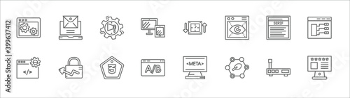 outline set of technology line icons. linear vector icons such as email marketing, marketing automation, uptime and downtime, serif font, type hierarchy, website optimization, growth hacking, css3,