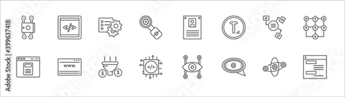 outline set of technology line icons. linear vector icons such as front end, attributes, user persona, structural elements, frameworks, declarations, web apps, sales funnel, embedding, mentions,