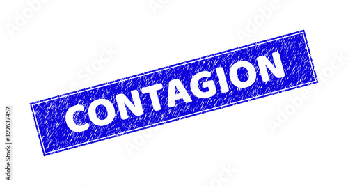 Grunge CONTAGION rectangle stamp seal. CONTAGION hole text is located inside rectangle with border. Rectangular seal with distress texture in blue color.