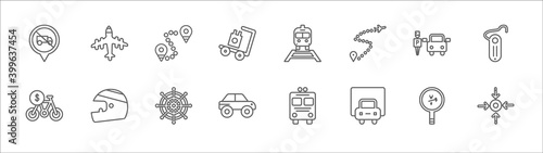 outline set of transport line icons. linear vector icons such as flying aeroplane top view, way, diesel train, parking men, hands free device, bicycle rental, motorsport, ship wheel, auto, van front