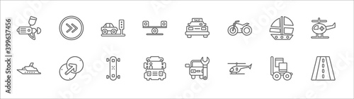 outline set of transport line icons. linear vector icons such as shift, car traffic, taxi transportation car from frontal view, sailing boat with veils, medical chopper transport, luxury yacht,