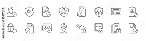 outline set of gdpr line icons. linear vector icons such as profiling, code of conduct, communications, id card, medical record, padlock, rectification, photo, address, transparency, gdpr