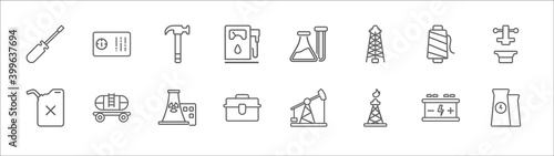 outline set of industry line icons. linear vector icons such as control panel, construction tool, chemicals, textile, press, fuel, tank wagon, nuclear plant, tool box, oilfield, energy
