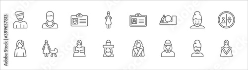 outline set of people line icons. linear vector icons such as amazonian, identification card with picture, female journalist on tablet, old woman, restroom, woman with flower, mother and baby,