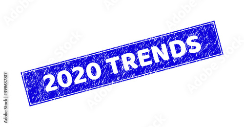 Grunge 2020 TRENDS rectangle stamp seal. 2020 TRENDS carved shape text is located inside rectangle with frame. Rectangular seal with distress texture in blue color.